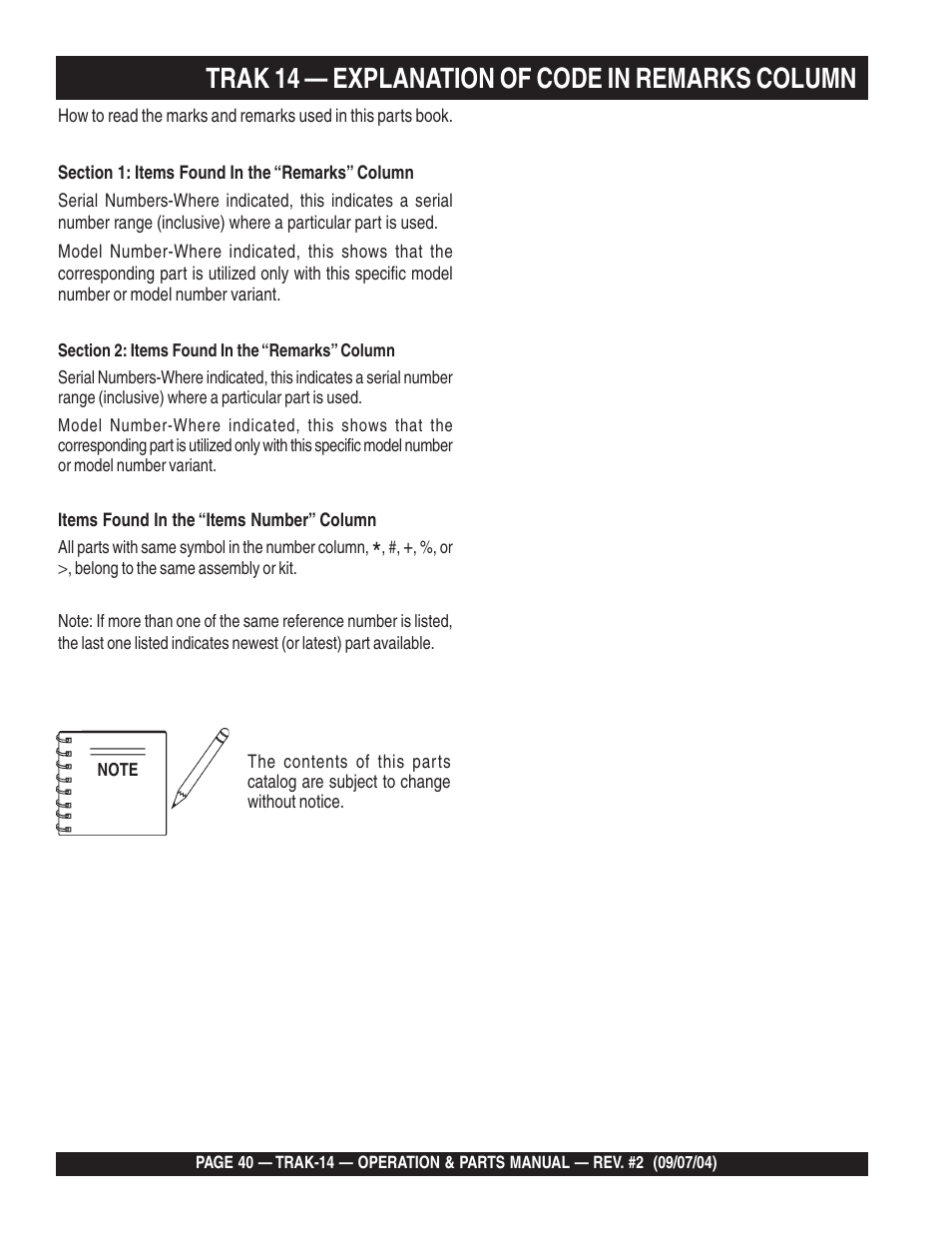 Trak 14 — explanation of code in remarks column | Multiquip MS1420E User Manual | Page 40 / 94