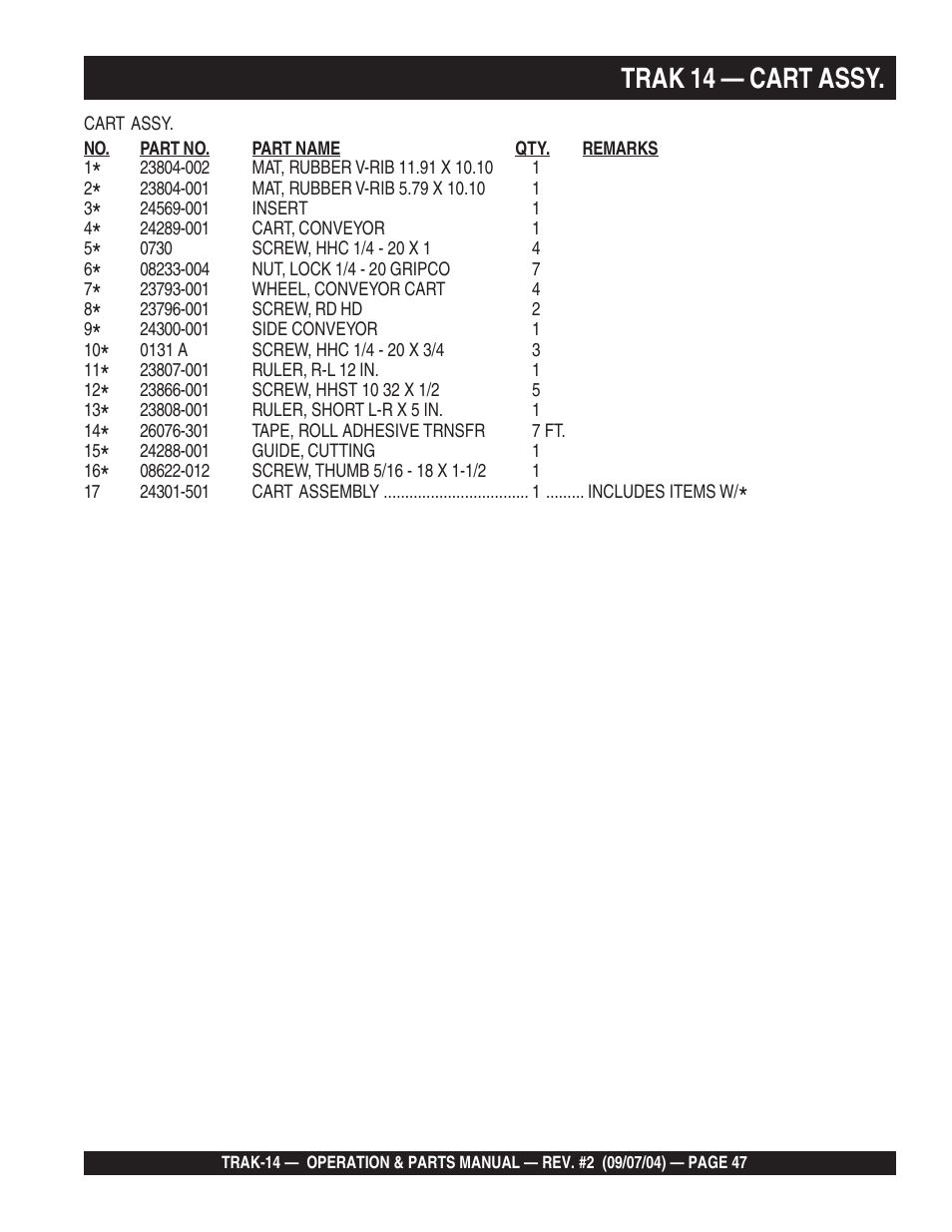 Trak 14 — cart assy | Multiquip MS1420E User Manual | Page 47 / 94