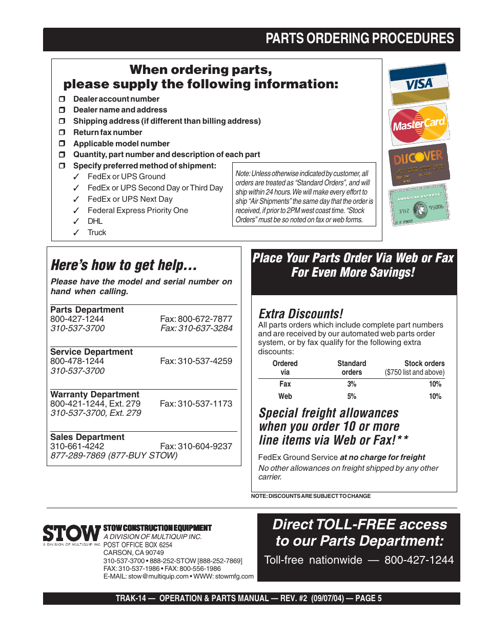 Parts ordering procedures, Here’s how to get help, Direct toll-free access to our parts department | Extra discounts | Multiquip MS1420E User Manual | Page 5 / 94