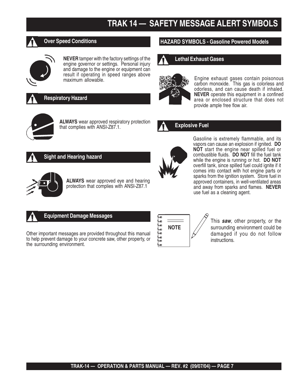 Trak 14 — safety message alert symbols | Multiquip MS1420E User Manual | Page 7 / 94