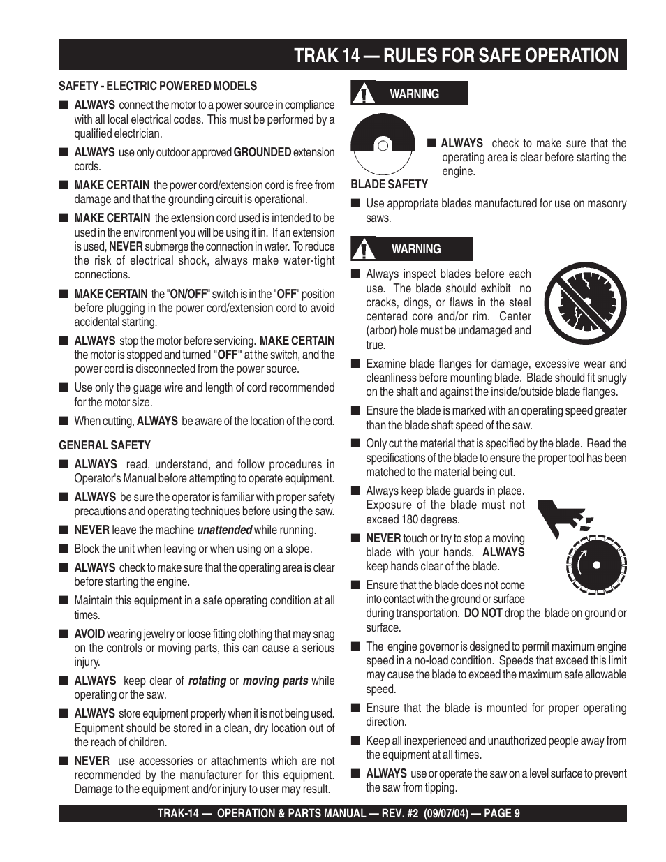 Trak 14 — rules for safe operation | Multiquip MS1420E User Manual | Page 9 / 94