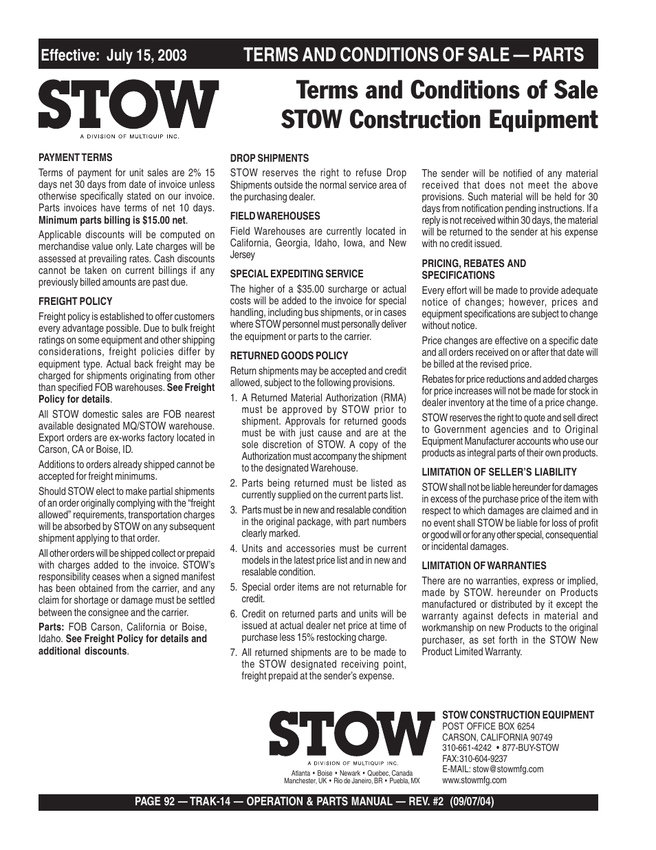 Terms and conditions of sale — parts | Multiquip MS1420E User Manual | Page 92 / 94