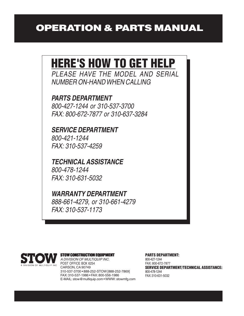 Here's how to get help, Operation & parts manual | Multiquip MS1420E User Manual | Page 94 / 94