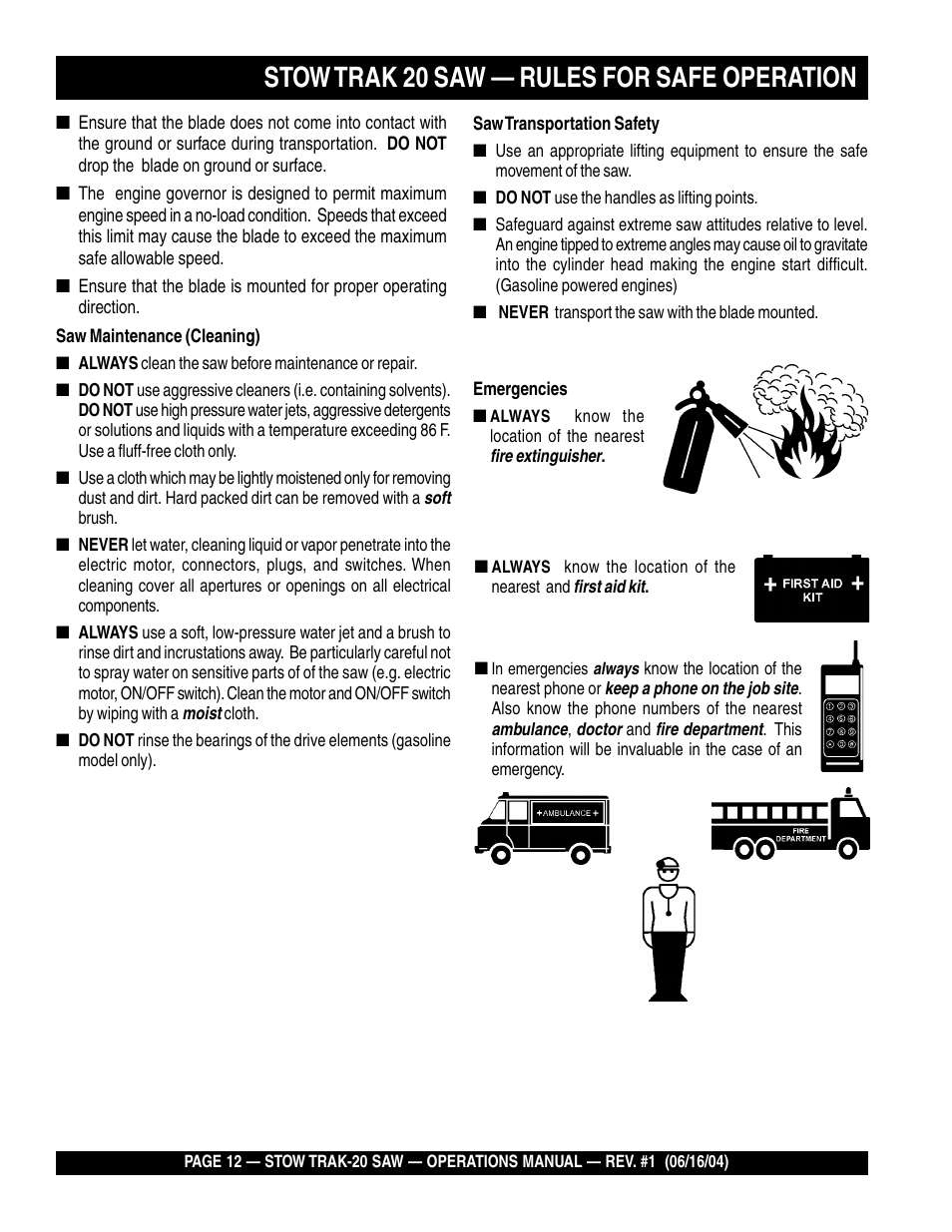 Stow trak 20 saw — rules for safe operation | Multiquip MS2050E1 User Manual | Page 12 / 40