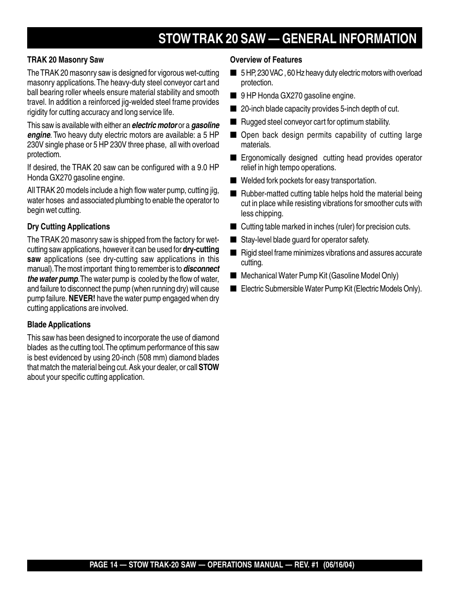 Stow trak 20 saw — general information | Multiquip MS2050E1 User Manual | Page 14 / 40