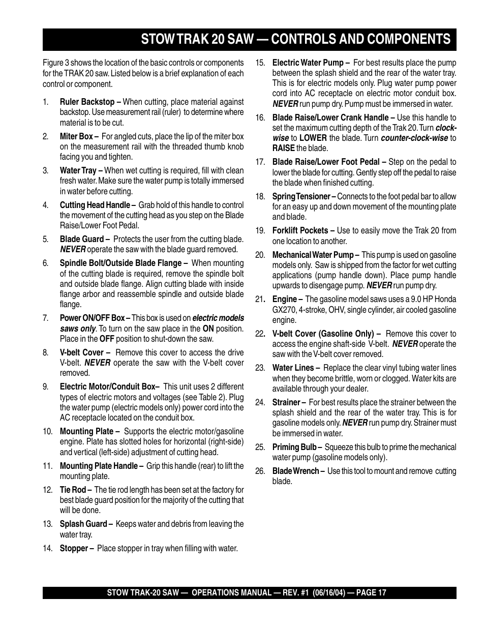 Stow trak 20 saw — controls and components | Multiquip MS2050E1 User Manual | Page 17 / 40