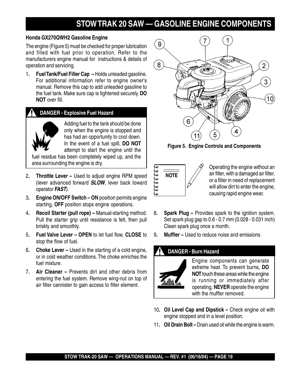 Stow trak 20 saw — gasoline engine components | Multiquip MS2050E1 User Manual | Page 19 / 40
