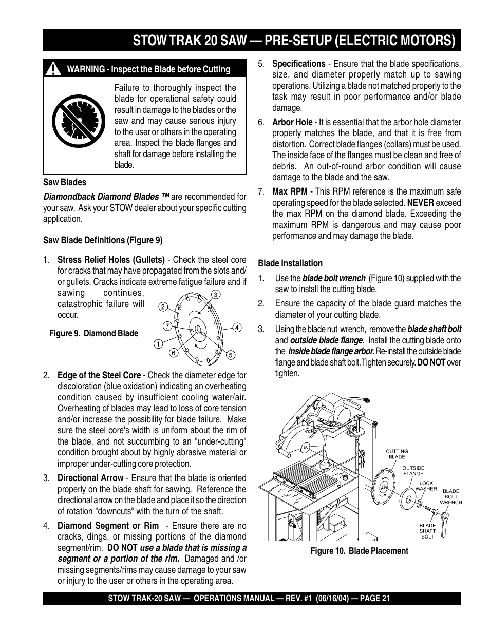Stow trak 20 saw — pre-setup (electric motors) | Multiquip MS2050E1 User Manual | Page 21 / 40