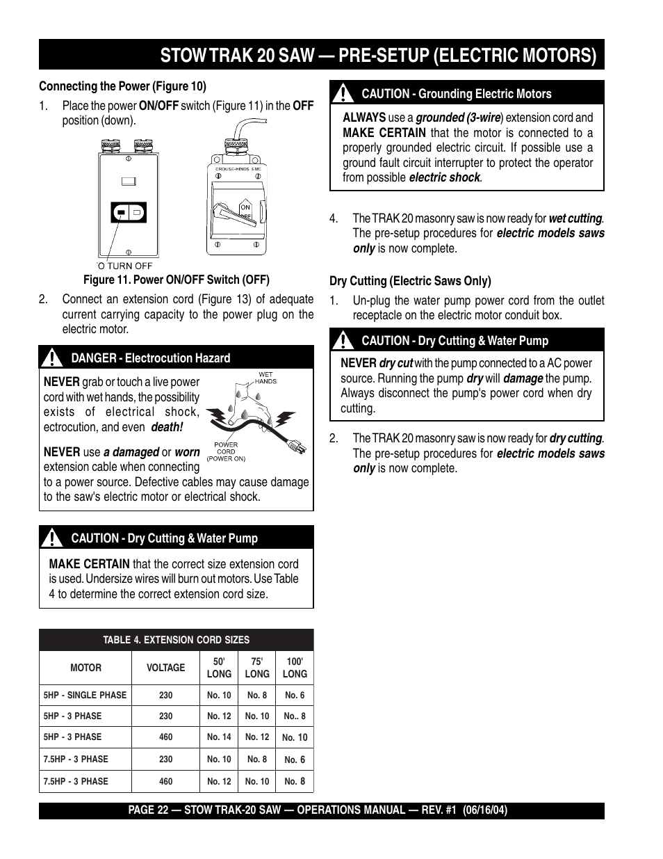 Stow trak 20 saw — pre-setup (electric motors) | Multiquip MS2050E1 User Manual | Page 22 / 40