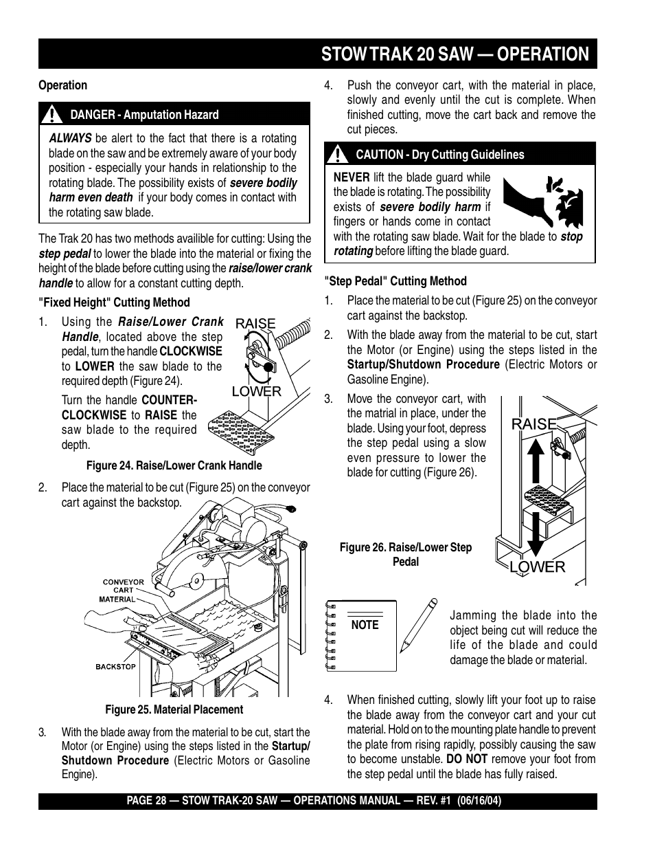 Stow trak 20 saw — operation | Multiquip MS2050E1 User Manual | Page 28 / 40