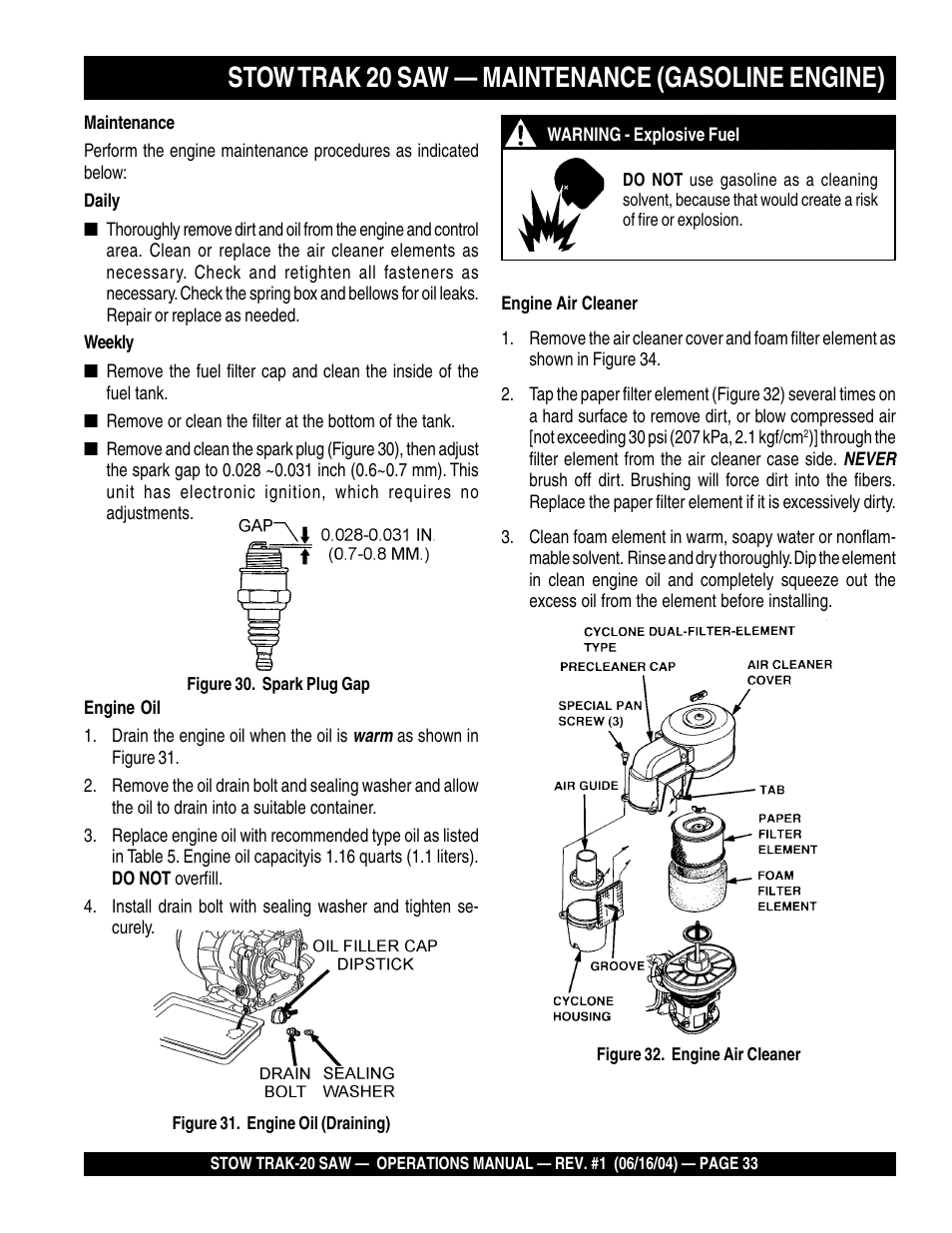 Stow trak 20 saw — maintenance (gasoline engine) | Multiquip MS2050E1 User Manual | Page 33 / 40