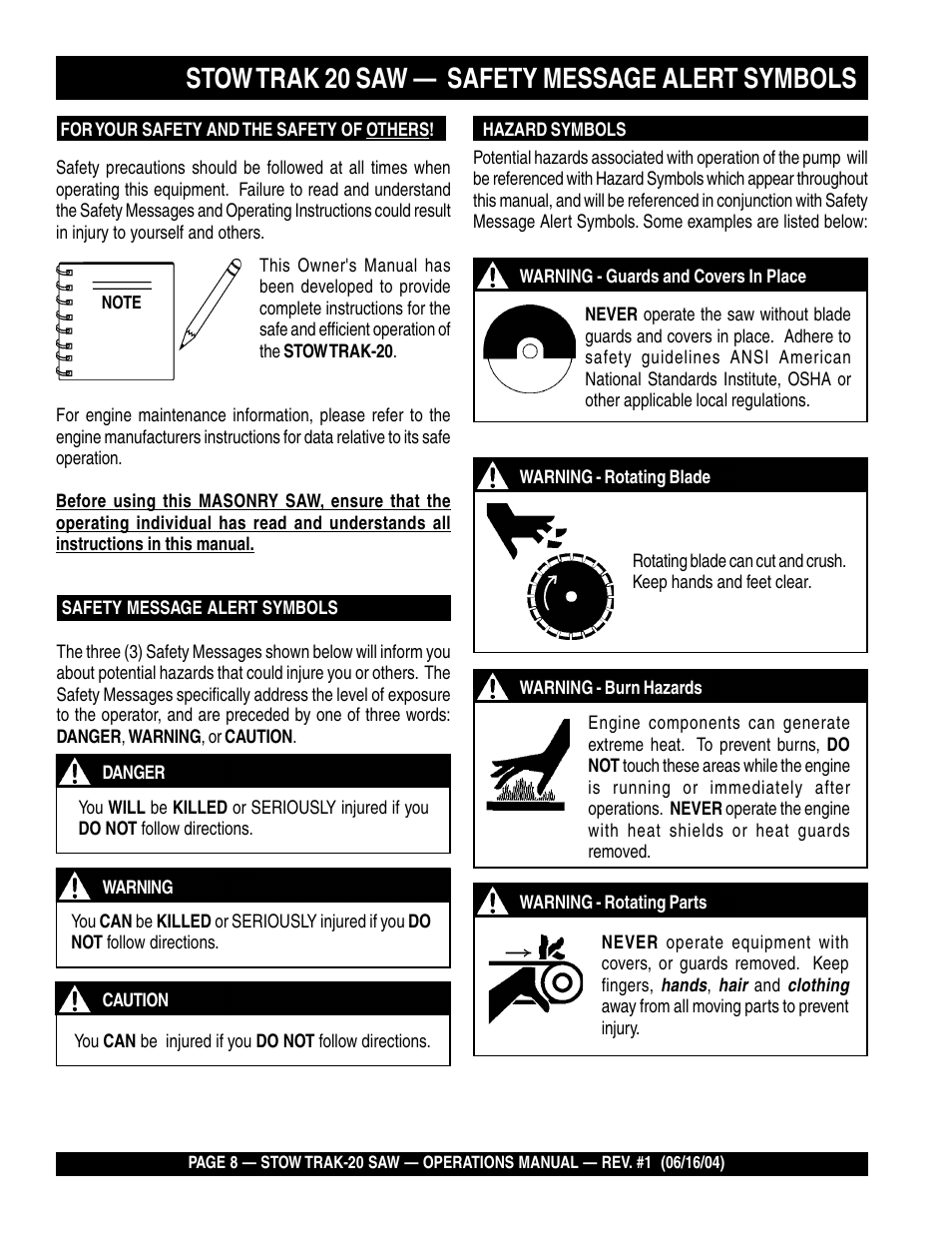 Stow trak 20 saw — safety message alert symbols | Multiquip MS2050E1 User Manual | Page 8 / 40