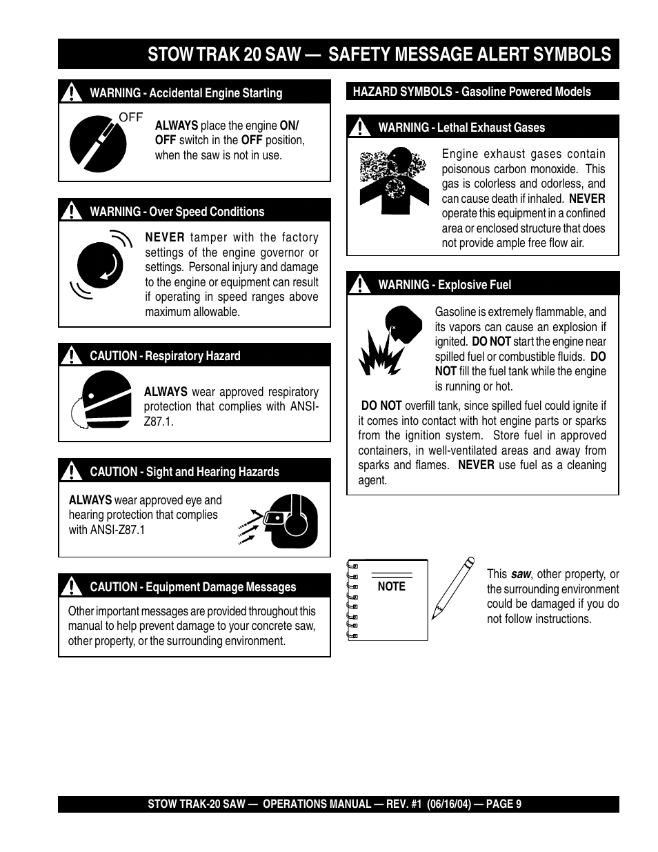 Stow trak 20 saw — safety message alert symbols | Multiquip MS2050E1 User Manual | Page 9 / 40