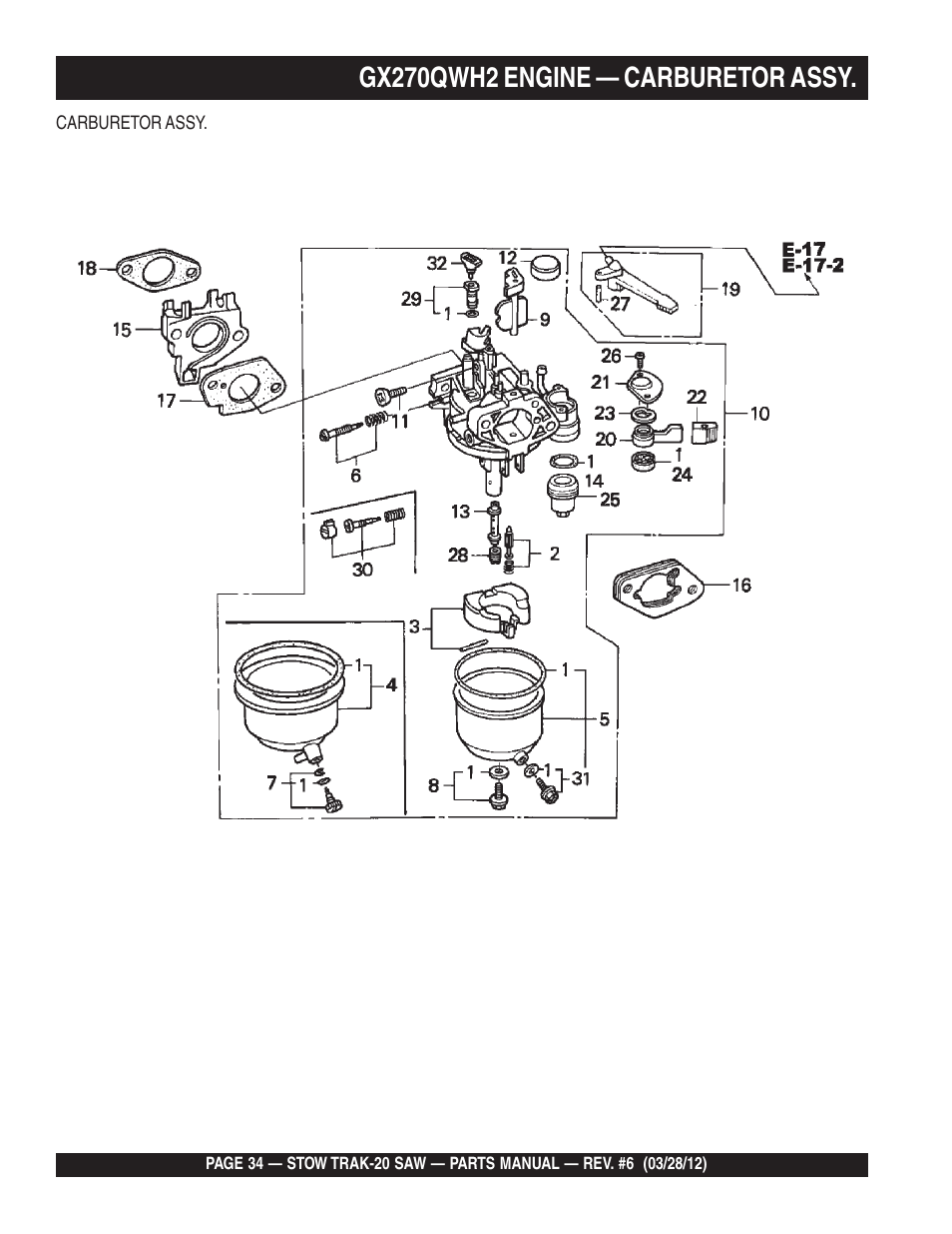 Gx270qwh2 engine — carburetor assy | Multiquip MS2090HP User Manual | Page 34 / 64