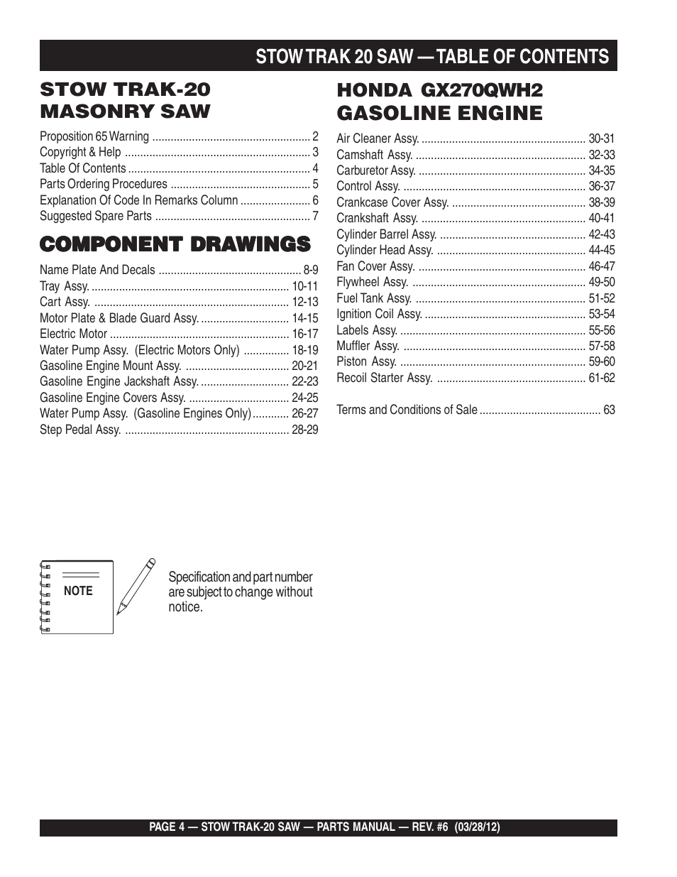 Stow trak 20 saw — table of contents, Component dra, Gasoline engine | Multiquip MS2090HP User Manual | Page 4 / 64