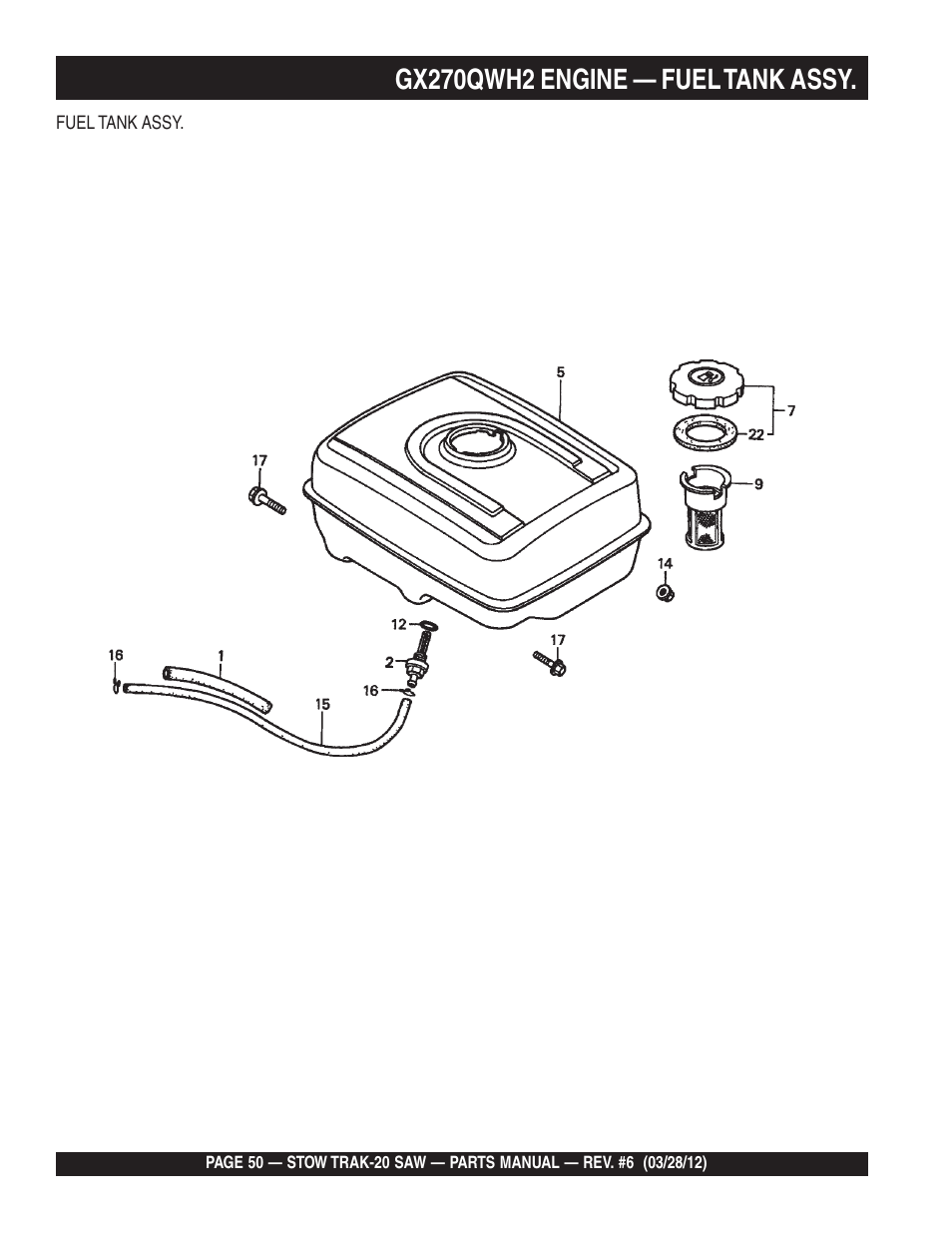 Gx270qwh2 engine — fuel tank assy | Multiquip MS2090HP User Manual | Page 50 / 64