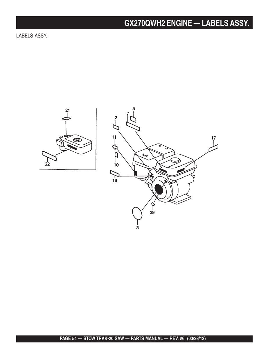 Gx270qwh2 engine — labels assy | Multiquip MS2090HP User Manual | Page 54 / 64