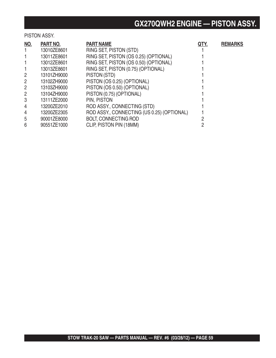 Gx270qwh2 engine — piston assy | Multiquip MS2090HP User Manual | Page 59 / 64