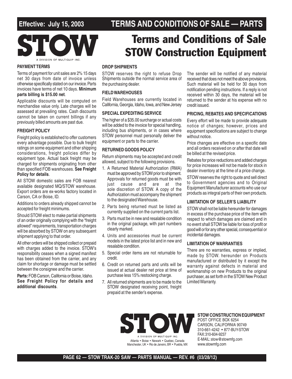 Terms and conditions of sale — parts | Multiquip MS2090HP User Manual | Page 62 / 64