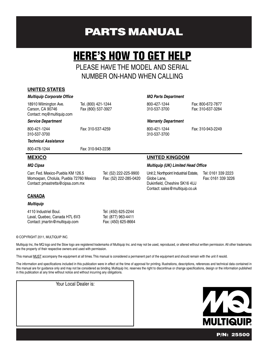 Here’s how to get help, Parts manual | Multiquip MS2090HP User Manual | Page 64 / 64