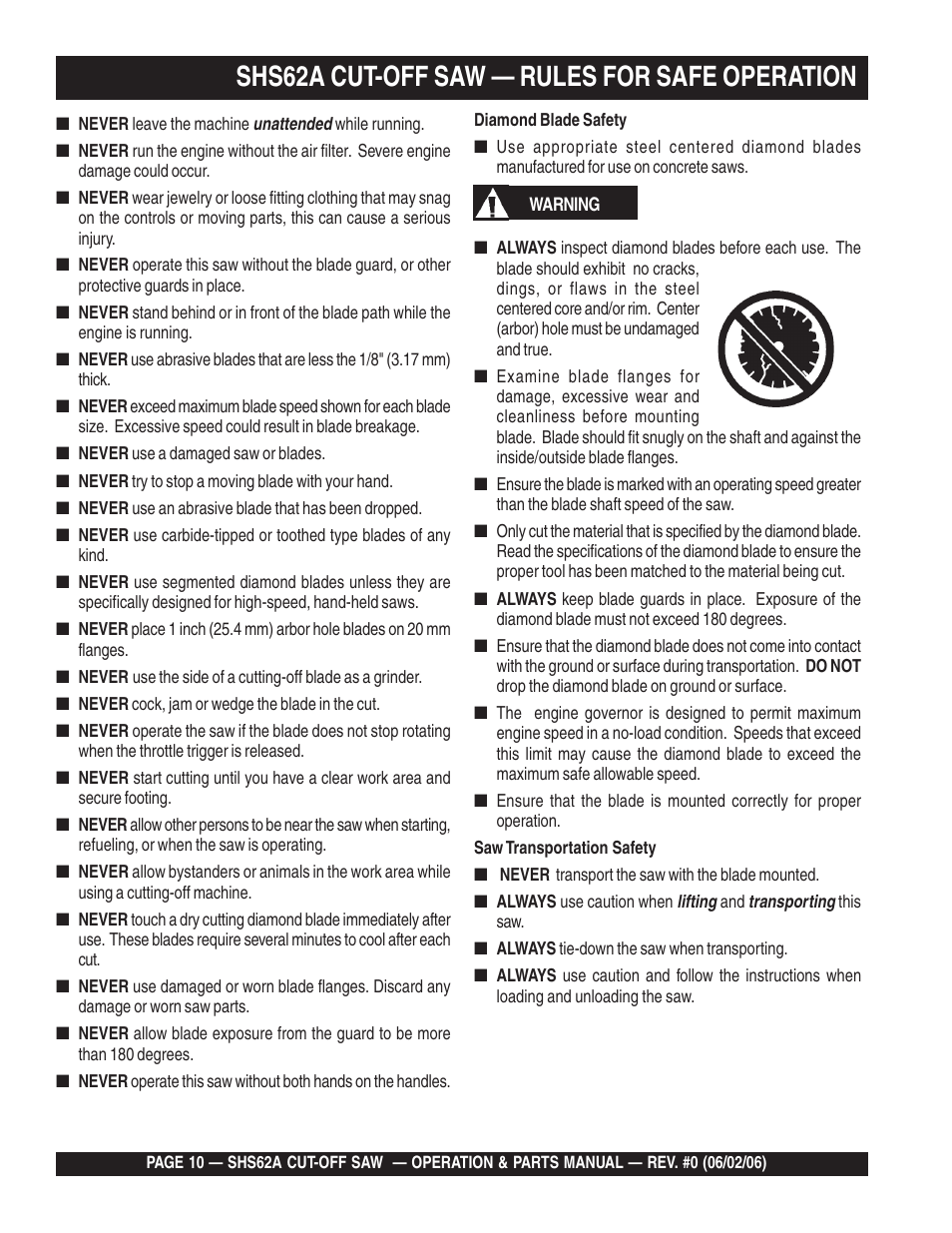 Shs62a cut-off saw — rules for safe operation | Multiquip SHS62A User Manual | Page 10 / 68