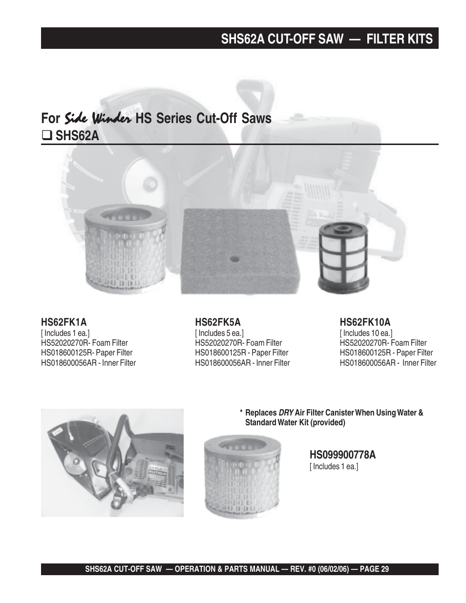 Wet filter, Dry filter kits, Side winder | Hs series cut-off saws | Multiquip SHS62A User Manual | Page 29 / 68