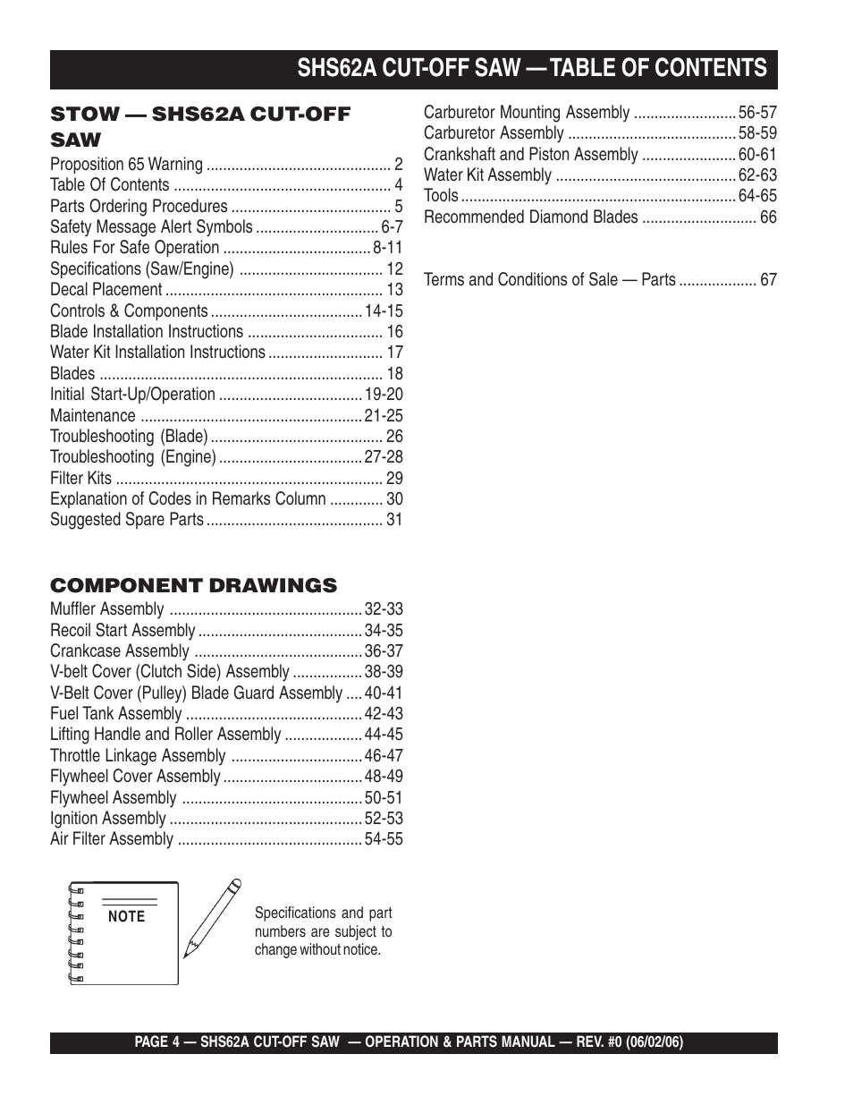 Shs62a cut-off saw — table of contents | Multiquip SHS62A User Manual | Page 4 / 68