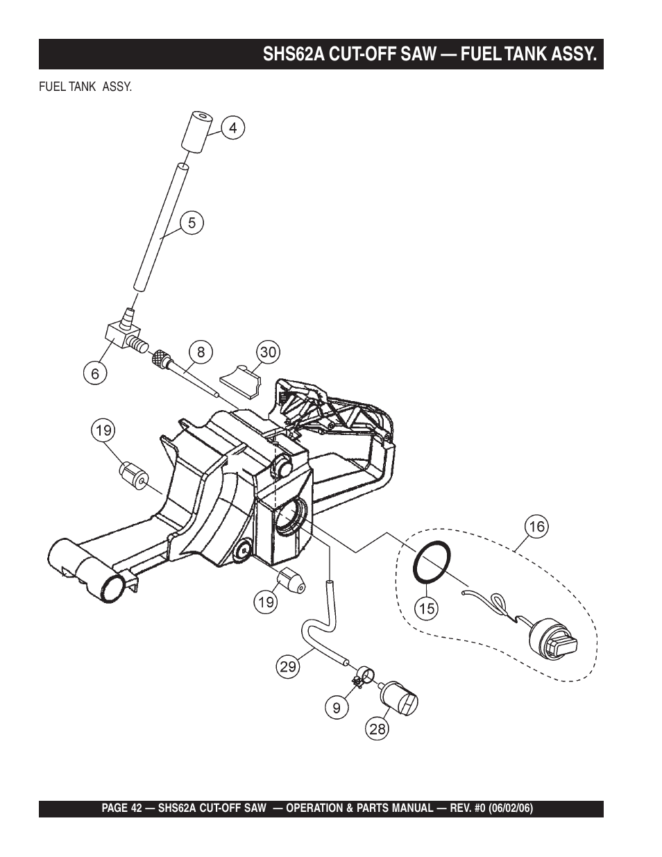 Shs62a cut-off saw — fuel tank assy | Multiquip SHS62A User Manual | Page 42 / 68