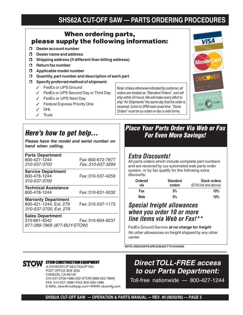Here’s how to get help, Direct toll-free access to our parts department, Shs62a cut-off saw — parts ordering procedures | Extra discounts | Multiquip SHS62A User Manual | Page 5 / 68