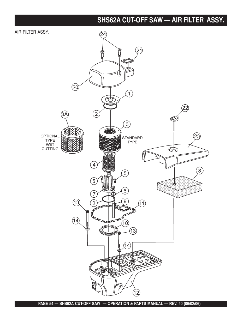 Shs62a cut-off saw — air filter assy | Multiquip SHS62A User Manual | Page 54 / 68