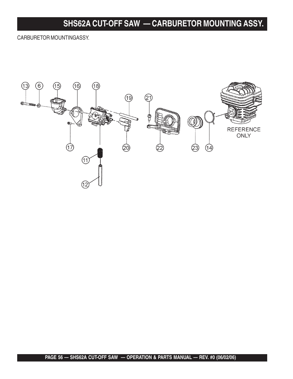 Shs62a cut-off saw — carburetor mounting assy | Multiquip SHS62A User Manual | Page 56 / 68