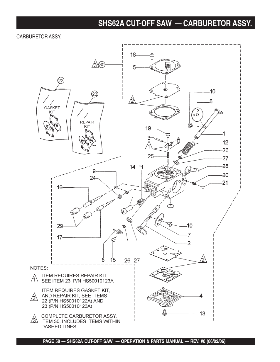 Shs62a cut-off saw — carburetor assy | Multiquip SHS62A User Manual | Page 58 / 68