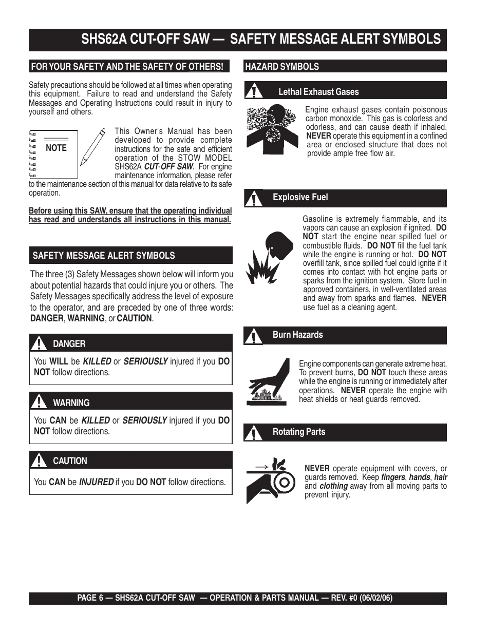 Shs62a cut-off saw — safety message alert symbols | Multiquip SHS62A User Manual | Page 6 / 68