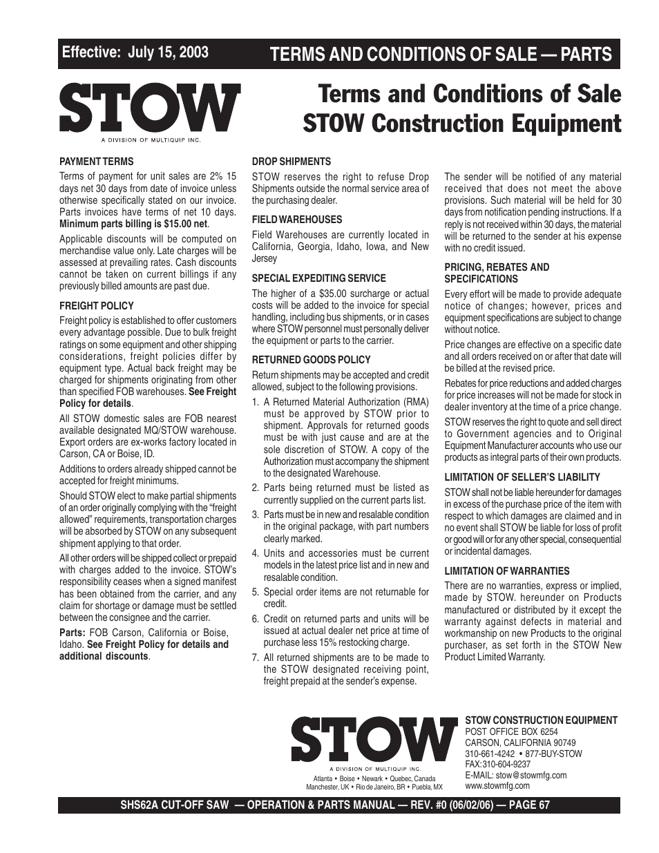 Terms and conditions of sale — parts | Multiquip SHS62A User Manual | Page 67 / 68
