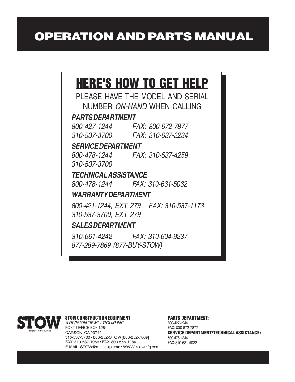 Here's how to get help, Operation and parts manual | Multiquip SHS62A User Manual | Page 68 / 68