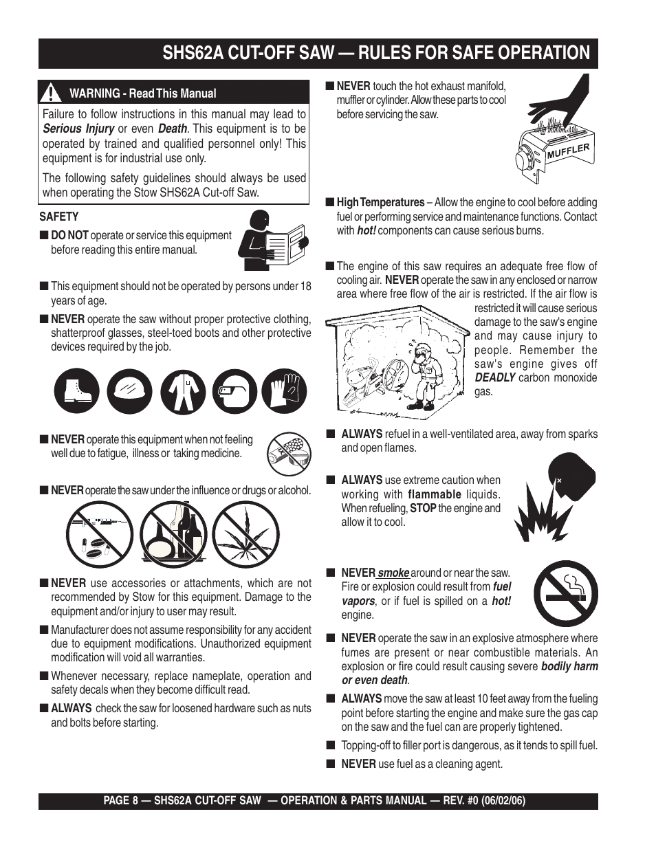 Shs62a cut-off saw — rules for safe operation | Multiquip SHS62A User Manual | Page 8 / 68
