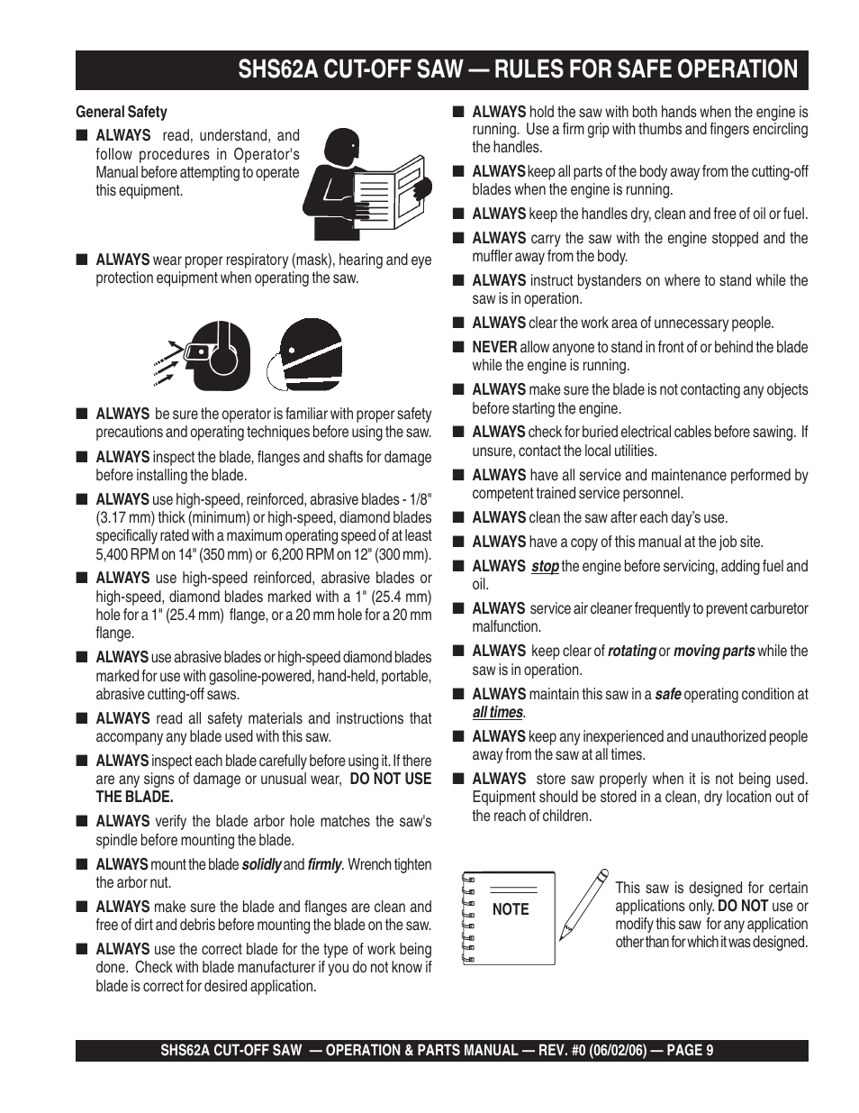 Shs62a cut-off saw — rules for safe operation | Multiquip SHS62A User Manual | Page 9 / 68