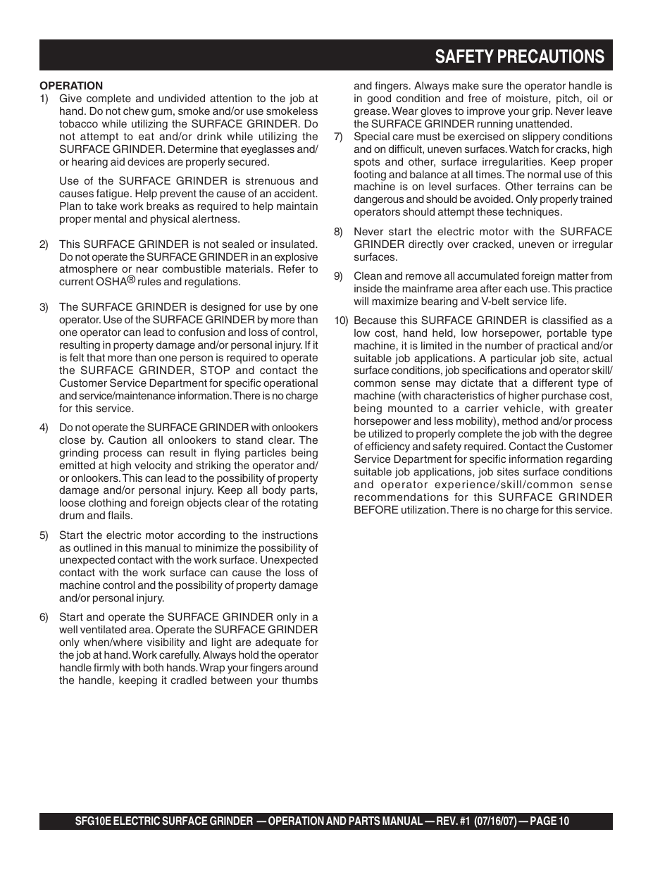 Safety precautions | Multiquip SFG10E User Manual | Page 10 / 62