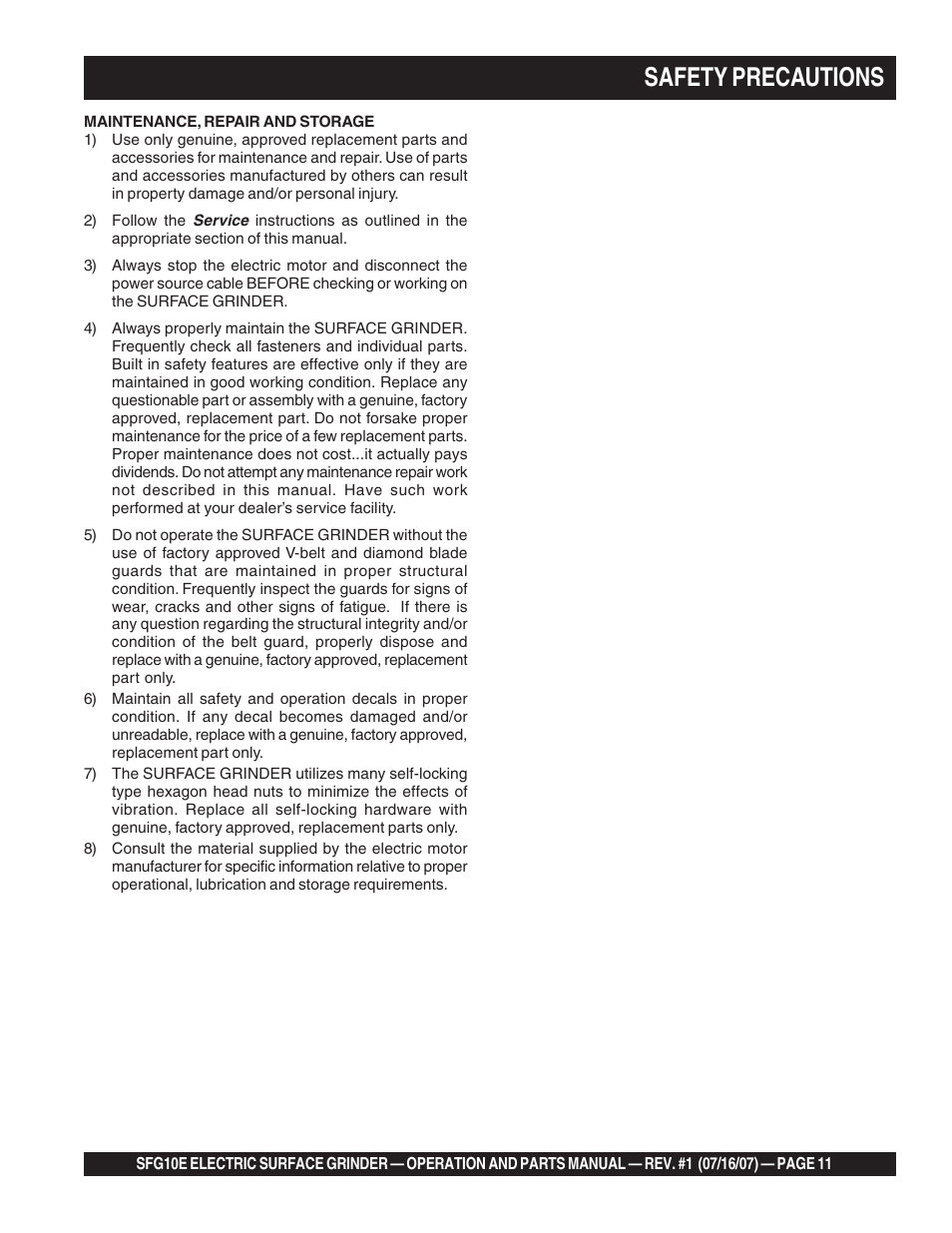 Safety precautions | Multiquip SFG10E User Manual | Page 11 / 62