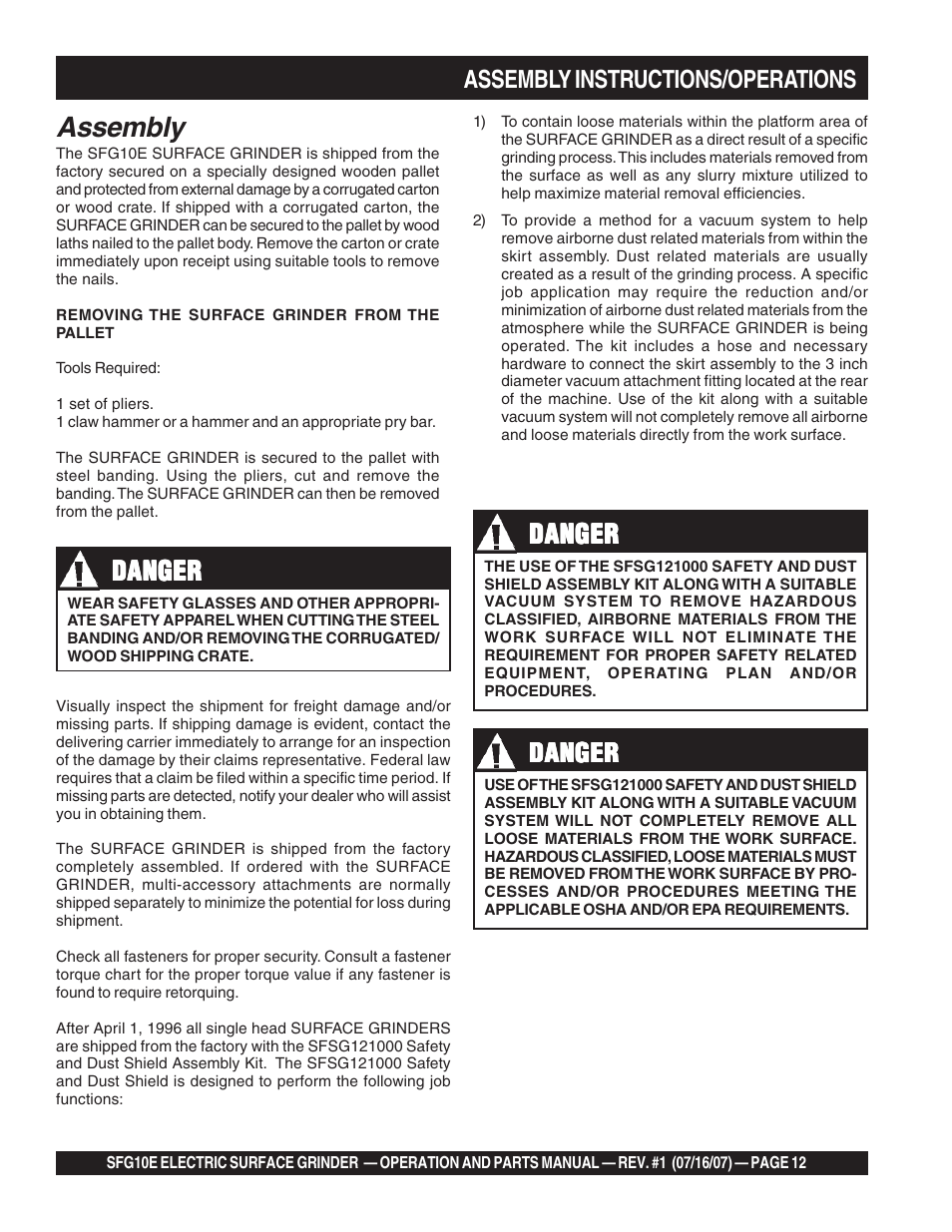 Assembly, Danger, Assembly instructions/operations | Multiquip SFG10E User Manual | Page 12 / 62