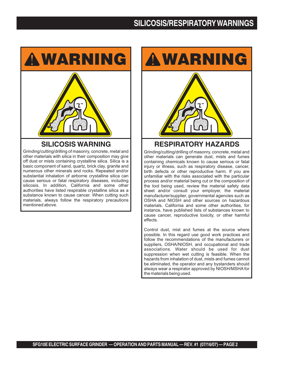 Warning | Multiquip SFG10E User Manual | Page 2 / 62