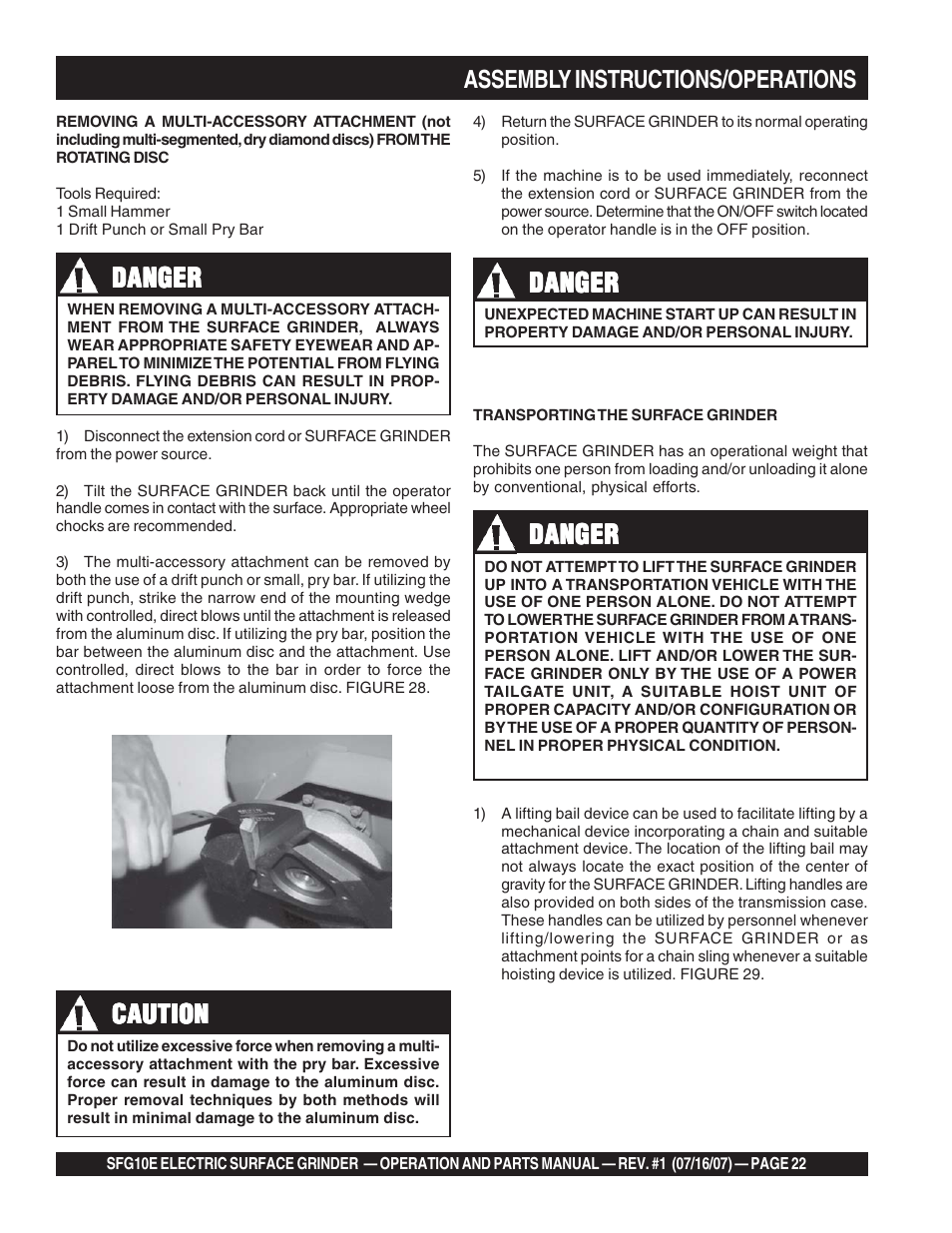 Danger, Caution, Assembly instructions/operations | Multiquip SFG10E User Manual | Page 22 / 62