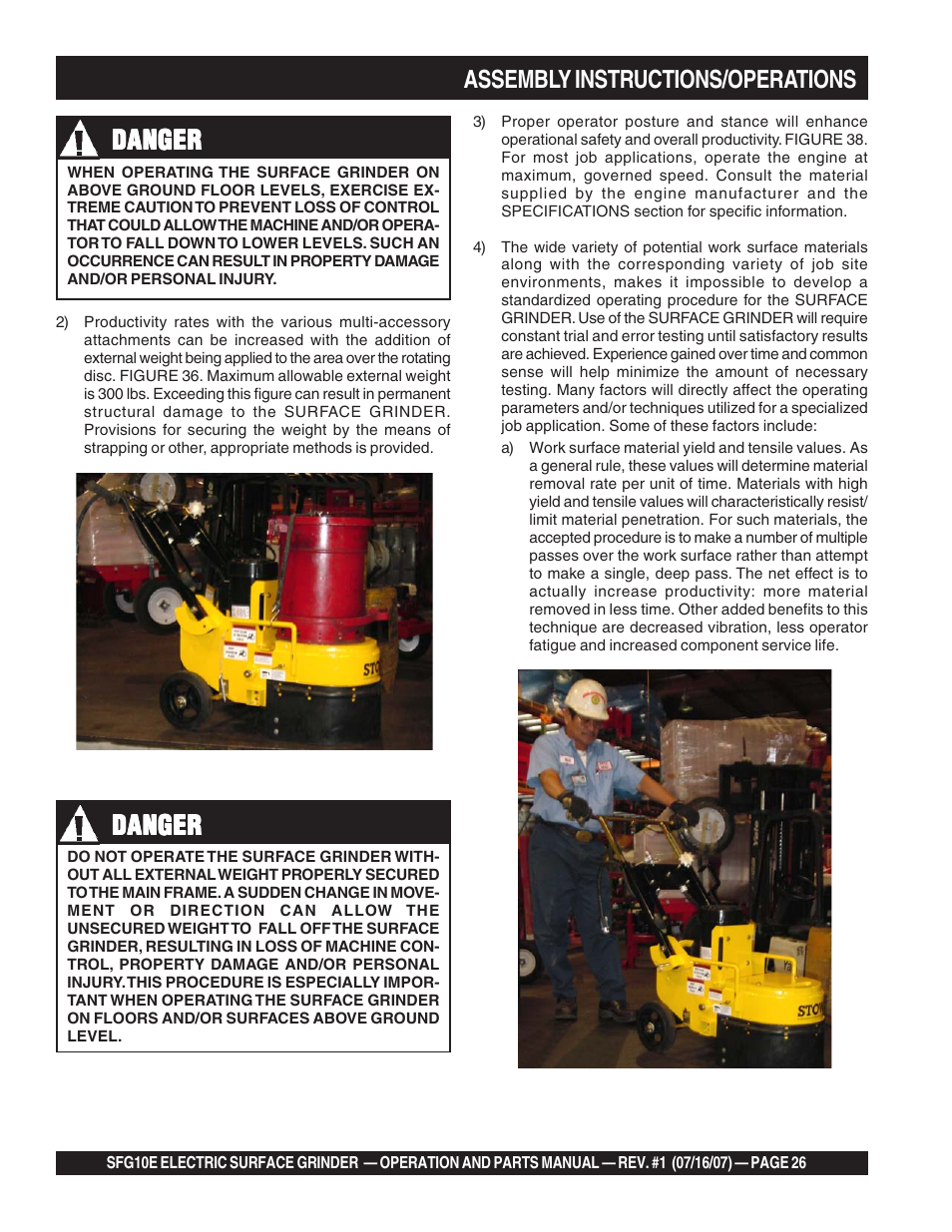 Danger, Assembly instructions/operations | Multiquip SFG10E User Manual | Page 26 / 62