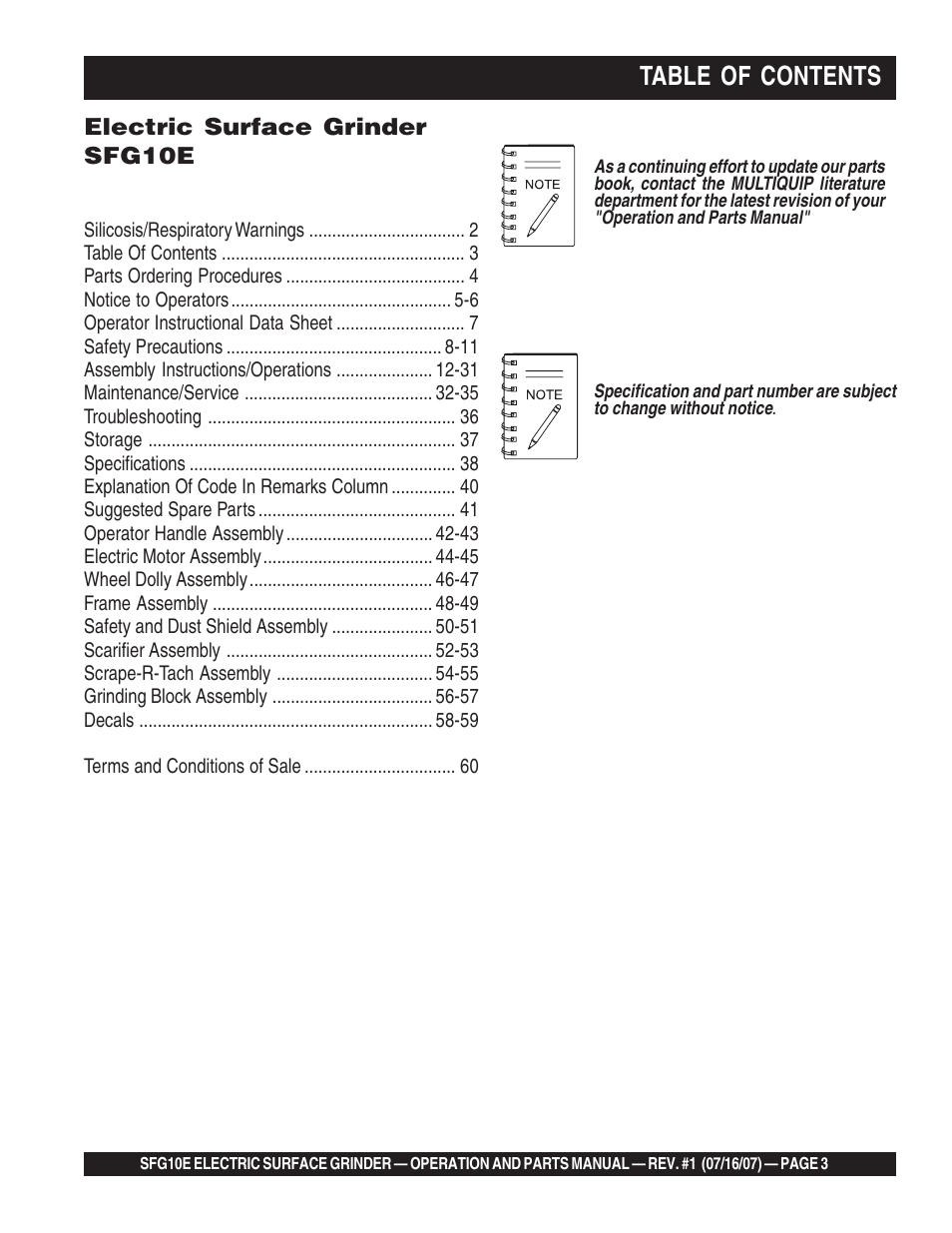 Multiquip SFG10E User Manual | Page 3 / 62