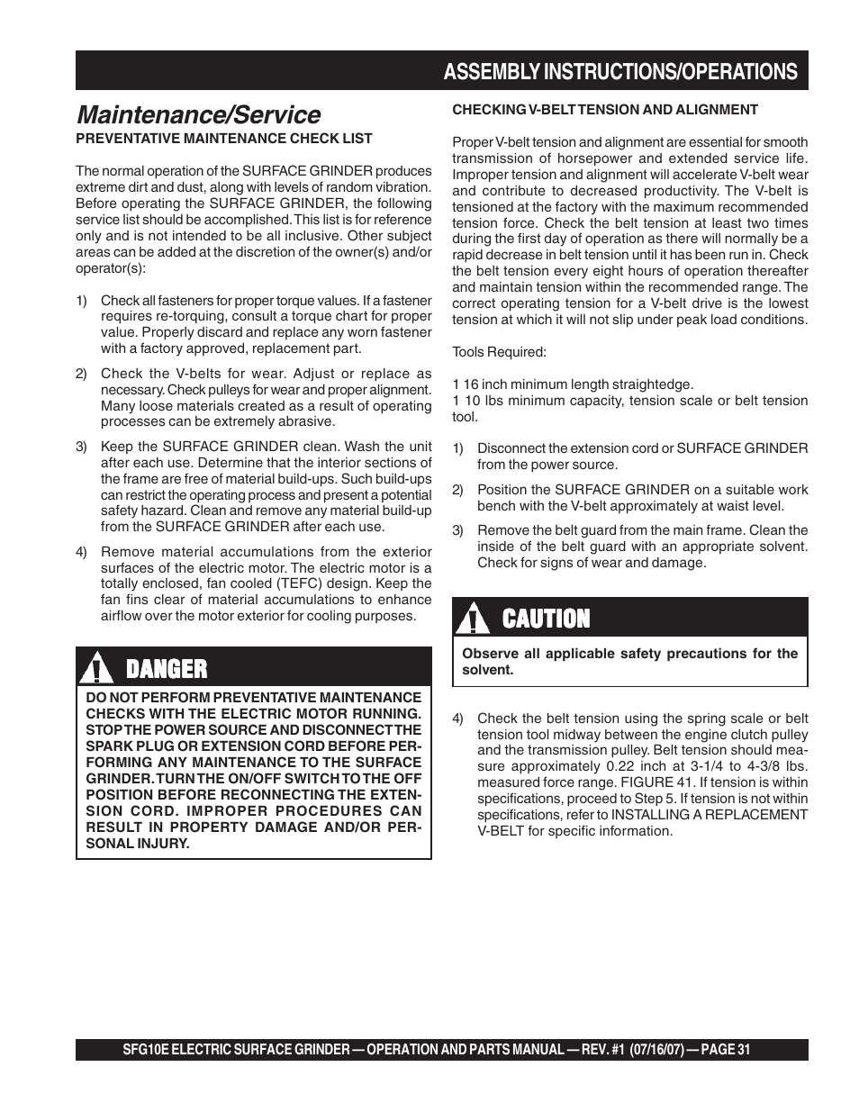 Maintenance/service, Danger, Caution | Assembly instructions/operations | Multiquip SFG10E User Manual | Page 31 / 62
