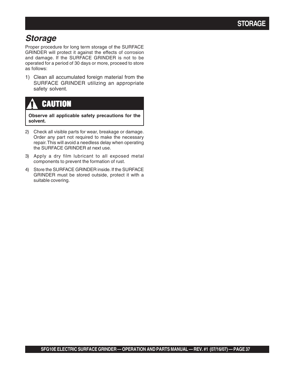 Caution, Storage | Multiquip SFG10E User Manual | Page 37 / 62