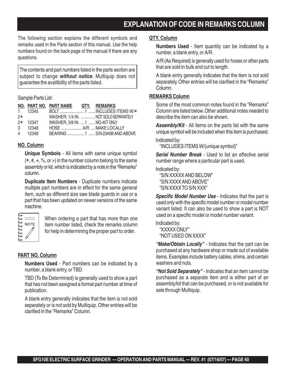 Explanation of code in remarks column | Multiquip SFG10E User Manual | Page 40 / 62
