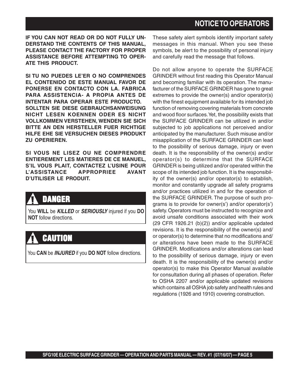 Notice to operators, Caution, Danger | Multiquip SFG10E User Manual | Page 5 / 62