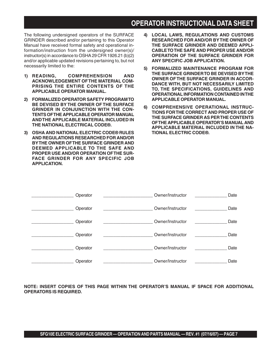 Operator instructional data sheet | Multiquip SFG10E User Manual | Page 7 / 62