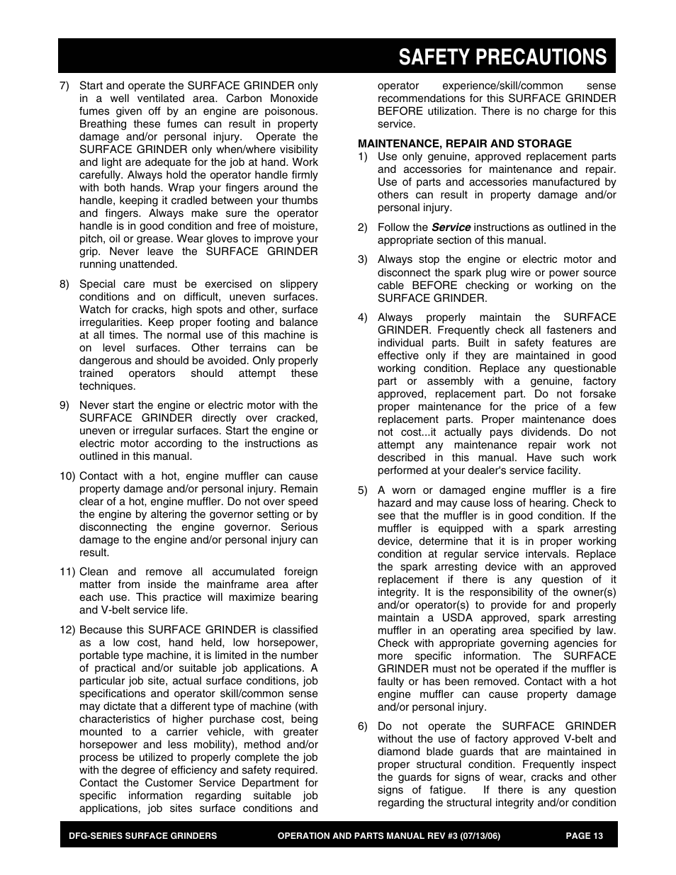 Safety precautions | Multiquip DFG Series User Manual | Page 13 / 80